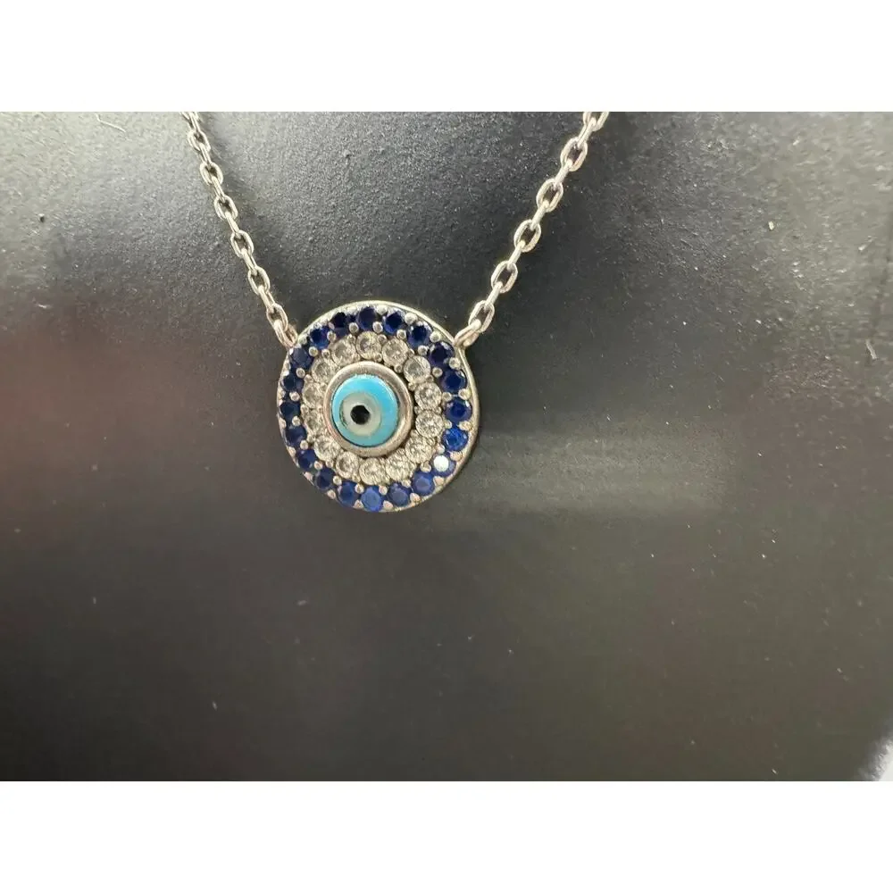 925 Sterling Silver Cubic Zirconia Blue Disc Evil Eye Pendant Necklace 17.5
